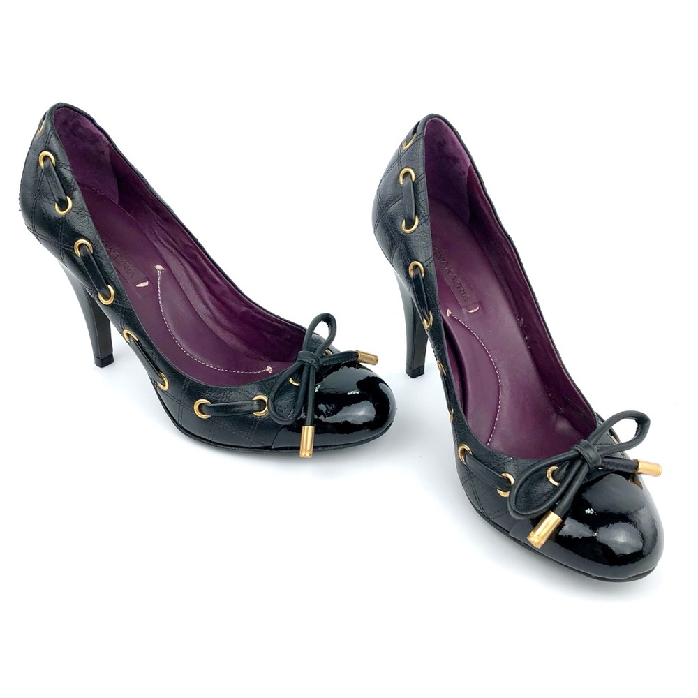 BCBG size 7.5 Maxazria Ma-Nannis Black Pumps Luna Patent Vintage Calf Leather